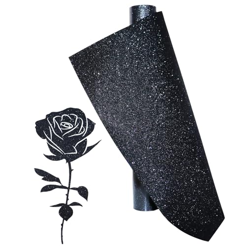Image of Black Glitter Heat Transfer Vinyl Rolls Black Iron HTV Vinyl 12inch x 5feet Iron on Vinyl for T-Shirts DIY Design, Silhouette Cameo & Heat Press Machine Glitter HTV