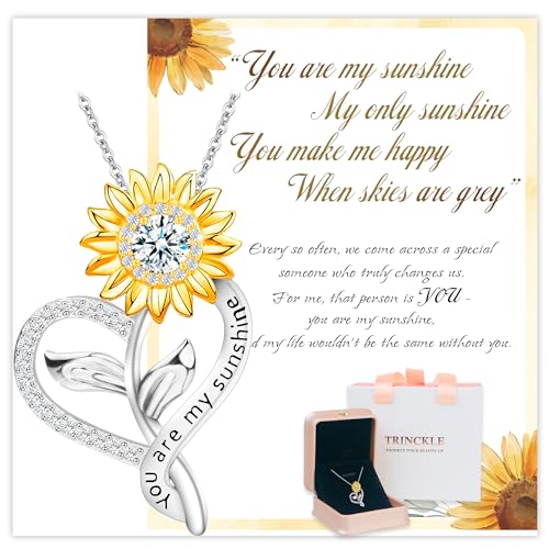 You Are My Sunshine Necklace, Sterling Silver Sunflower Necklaces for Women Anniversary Present for Wife as Sunflower Jewelry Birthday Gifts, Moissanite Heart Pendant for Her