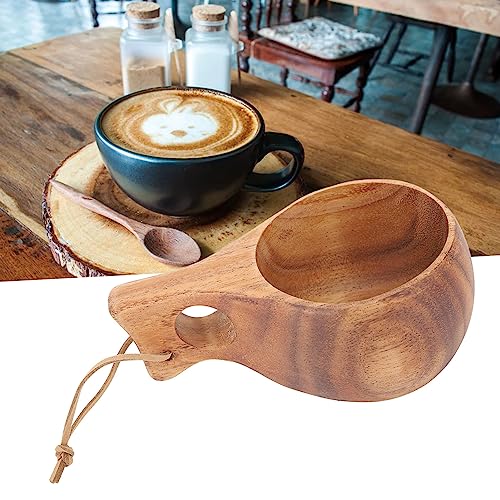 UPQRSG 220 Ml Holz Campingbecher, Traditionelles Nordisches Holzdesign, Wärmeisolierende, Fein Polierte Kaffeetasse mitGriff, Tragbarer Holzbecher Trinkbecher für Outdoor Wanderungen(A)