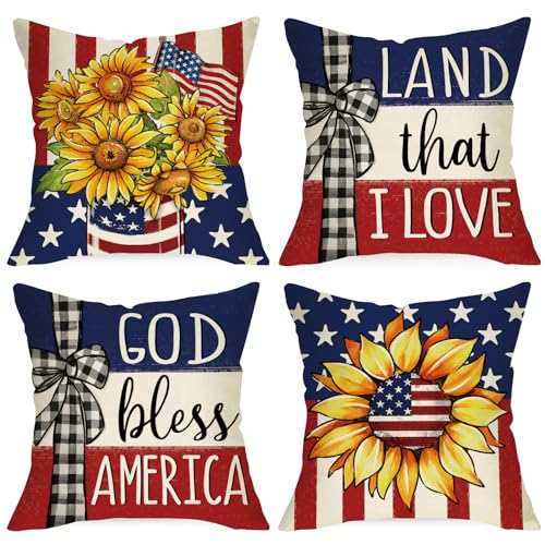 Ussap 4th of July Sunflower Patriotic Decorative Throw Pillow Covers 20 x 20 Set of 4, God Bless America Stars Stripes Cushion Case Decor, Land that I Love American USA Mason Jar Home Decoration