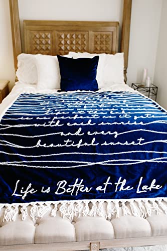 Pavilion - Life Is Better At The Lake 50" X 60" Luxury Sherpa Tassel Raised Text Throw Blanket Housewarming Apartment Warming Cottage Lakehouse Gift - Threaded Together #TOP7