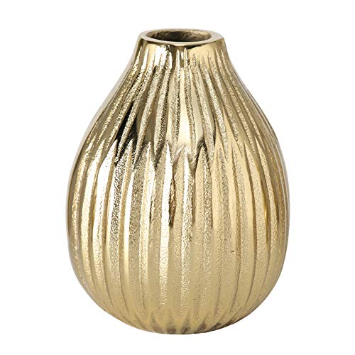 Iconic Baby Scandi Vases, Set Of 3, Vertical Geometric Pleat Pattern, Gourd Shaped, Hand Cast Aluminum, Polished Gold Finish, 4.75 H Inches, Modernist Home Desi #TOP5