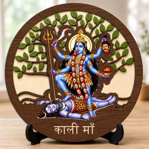 Image of Kali Maa Table Top Wooden Idol /Murti for Mandir Decoration, Office Desk & Festive Gift - 5x5 Inch