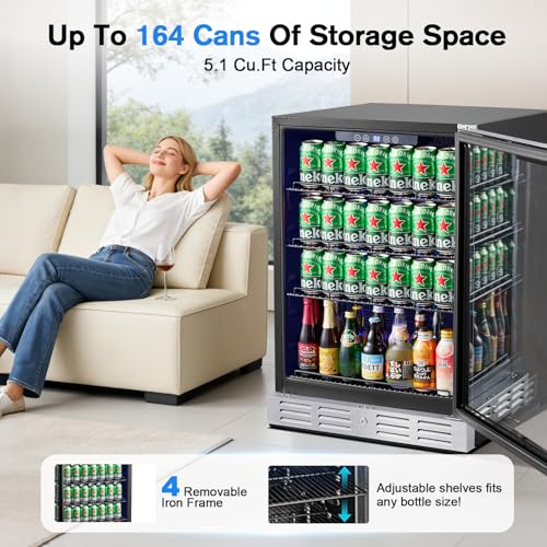 Image of Kalamera 24 Inch Beverage Refrigerator, 164 Cans Under Counter Mini Fridge | Beverage Cooler, Built-in / Freestanding Drink Fridge with Glass Door & Adjustable Shelves for Home Kitchen Office Bar