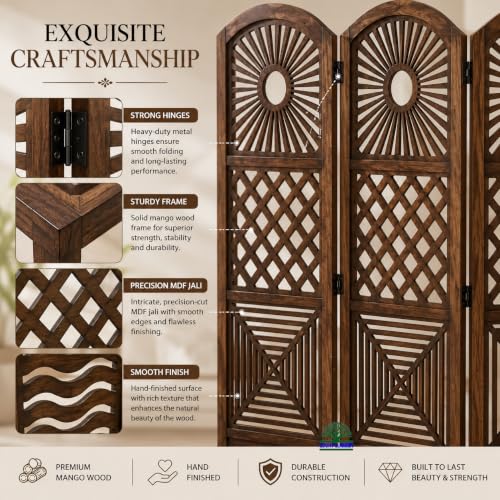 Image of Wooden Room Divider Partition for Living Room | Foldable 4 Panel Decorative Privacy Screen Separator for Home, Office & Bedroom | Modern (Dark Brown)