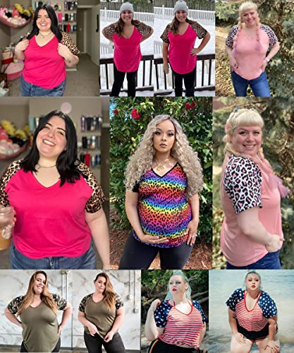 Tiyomi Plus Size Shirts For Women Colorblock Sexy Deep V Neck Raglan Cheetah Print Raglan Short Sleeves T Shirt Black Dark Casual Summer Cute Tee Loose Fit 4Xl 24/26 Plus #TOP1