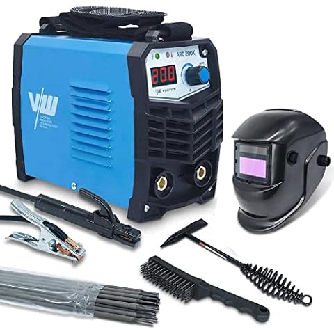 MMA Elektrodenschweißgerät 200A - Inverter - Elektroden Schweißgerät Schweissgerät 230V - 200 Ampere - Set mit Schweißhelm, Schlackehammer, Bürste, 10x Elektroden - VECTOR WELDING Cover