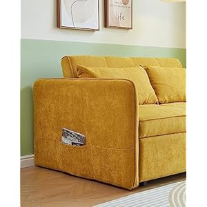 Erye 3 in 1 tufted upholstered futon loveseat convertible sleeper bed wpull out sleep sofabed functional reclining backrest adjustable armrests love seat sofa couch for living room yellow  urban country home decor