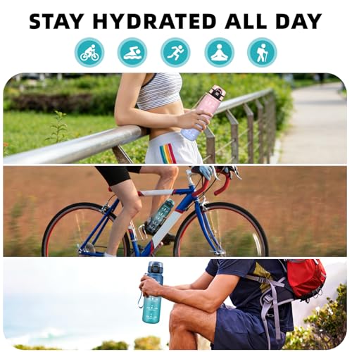 Mujigaga Trinkflasche 1l, Trinkflasche Sport, Auslaufsicher, Wasserflasche mit Motivierendem Slogan, Wasserflasche mit Filte, Leicht zu Reinigen, Water Bottle für Schule, Camping, Klettern