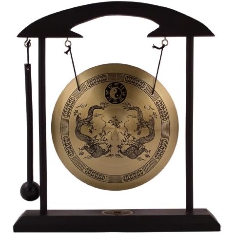 THY Collectibles Asian Zen Art Brass Feng Shui Desktop Gong Bell with Stand and Rammer for Home Decoration - Twin Dragons Cover