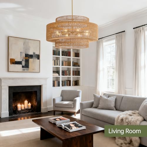 Image of 30 inch Boho Rattan Chandelier Light Fixture, 8-Light Large Hand Woven Pendant Light Fixture Farmhouse Rustic Chandeliers for Dining Room, Kitchen, Bedroom, Living Room, Hallway, Foyer