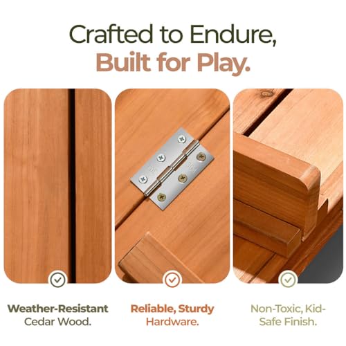 Image of Large Wooden Kids Sandbox with Lid - Outdoor Sand Box for Kids with Cover Sand Protection, Foldable Bench Seats and Bottom Liner