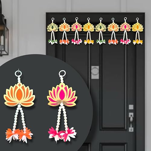 Image of Rajasthan Kraft Handmade Pack of 8 Multicolor Lotus Door Hanging with Pearl & Gajra Traditional Wall & Entrance Decor for Makar Sankranti, Lohri & Wedding Festive Home Decoration 8 Inch (RK-H-210-8)