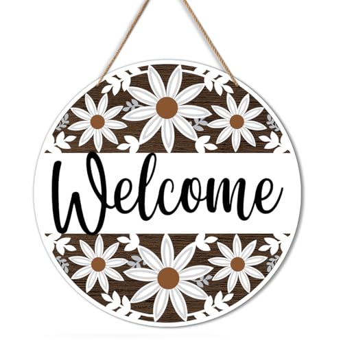 Wildflower Wooden Welcome Sign, Floral Front Door Hanging Sign, Rustic Farmhouse Door Decor for Porch, Entryway, Wall or Window, Indoor Outdoor Welcome Decoration, 10 x 10 Inches - C05