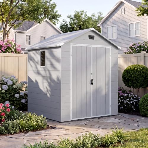 Image of Devoko 6X6 FT Plastic Outdoor Storage Shed with Floor, Light Grey | Resin Tool Sheds with Lockable Door and Window, Weather-Resistant Garden Shed, Easy Assembly for Backyard, Patio, Lawn