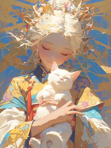 Tableau diamond décoration murale 5D kit mosaïque strass fille et chat 40x50