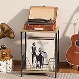 X-cosrack 2-Tier Record Player Table, Industrial Retro Side Table Nightstand Small for Living Room Bedroom Kitchen Office Small Spaces, Record Player Stand with Record Album Storage-Rustic Brown