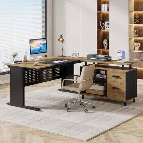 Image of Tribesigns 63 Inch Executive Desk with File Cabinet, Large Office Desk L Shaped Computer Desk with Drawers and Storage Shelves, Business Furniture Desk for Home Office, Wood Color and Black
