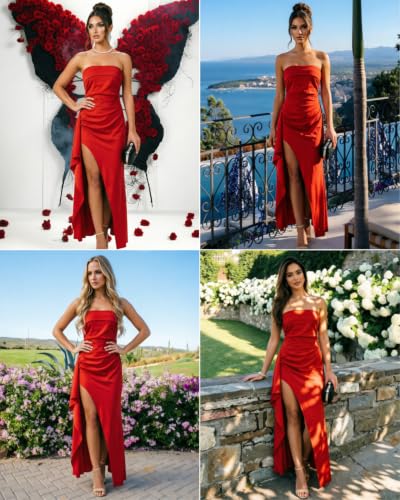 Image of Women's Sexy Strapless Backless High Split Long Maxi Dress Ruched Off Shoulder Sleeveless Bodycon Party Cocktail Dresses