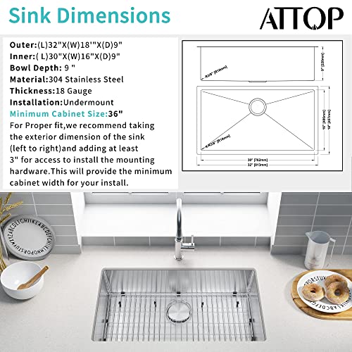 Attop 32 Inch Undermount Kitchen Sink With Faucet,Stainless Steel Kitchen Sink Undermount Single Bowl Sink #TOP2