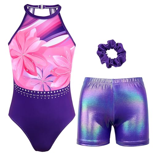Gymnastics Leotards for Girls With Shorts Sparkly Ballet Dance Clasp Back Activewear Violet Purple Set 4-5T