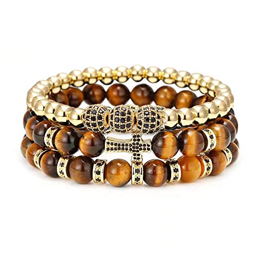 Bomail 3Pcs Cross Bracelet For Men Women Tiger Eye Black Obsidian Beads Bracelets With Cubic Zirconia Luxury Charms Round Beaded Stretch Bracelets Religious Jewelry Gifts #TOP17
