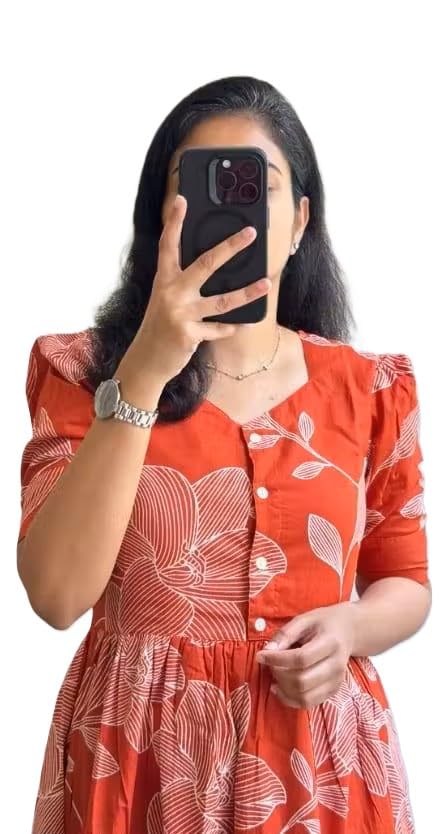 Women's Cotton Floral Print Midi Dress, Orange and White, Short Puff Sleeves, Button Front, Summer Casual Wear