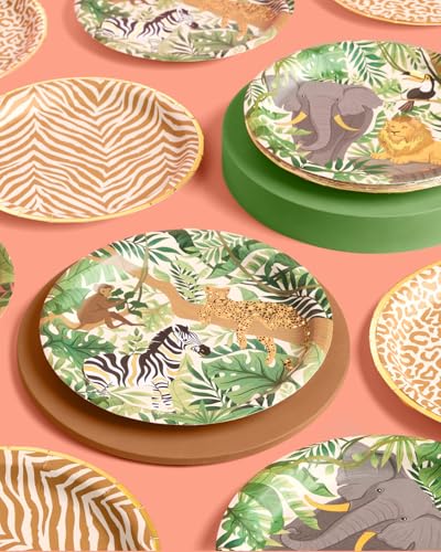 xo, Fetti Animal Print Safari Paper Plates, 4 Designs | 24 pcs 9" | Kids Decorations, Jungle Party Setting, Wild Birthday Decor, Rainforest Tablescape, Zoo Table Decor
