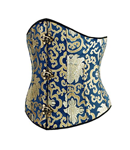 Kimring Women's Luxury Gold Jacquard Brocade Spiral Steel Boned Underbust Corset Blue X-Large #TOP1