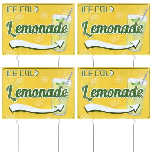4 Pack 12' x 16' Summer Lemonade Yard Sign with Stake,Double Sided Corrugated Plastic Lemonade Arrow Sign for Lemonade Stand,Lemonade Stand Supplies Decor for Community Outdoor Yard Advertisement