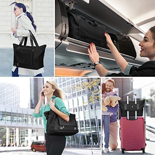 WWW Foldable Travel Duffle Bag, Waterproof Sports Gym Tote Bag, Weekend Overnight Bag with Wet Pocket for Women, Extra Large Travel Luggage Bag for Airplane, Vacation, Business Trip, Black
