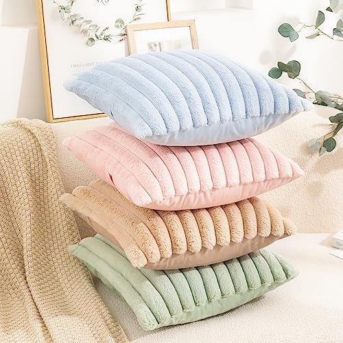 Uhomy Set Of 2 Faux Fur Home Decorative Throw Pillow Cover Luxury Super Soft Fuzzy Striped Furry Pillowcase For Sofa Couch Bedroom Comfy Thick Fluffy Plush Cushion Cover 18X18 Inch Bright Pink 45 Cm #TOP3