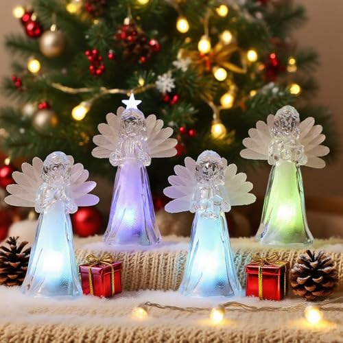 Decorazione natalizia a forma di angelo, statuetta con luce colorata, con angeli a LED, decorazione per interni, 4 statuette natalizie in acrilico, con cristalli, piccole figure di angeli per Natale