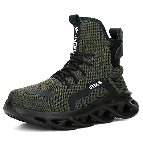 XUNRUO Botas de seguridad de trabajo para hombres y mujeres, puntera de acero, ligeras, transpirables, botas de construcción, Verde, 6.5 Women/5 Men