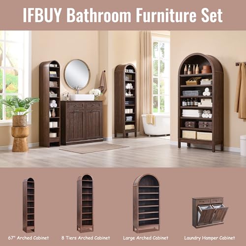 Image of IFBUY 71 inch Tall Arched Bathroom Storage Cabinet, 8-Tier Modern Farmhouse Storage Cabinet with Adjustable Shelves, Wood Freestanding Cabinet for Bathroom, Living Room, Entryway, Hallway (Brown)