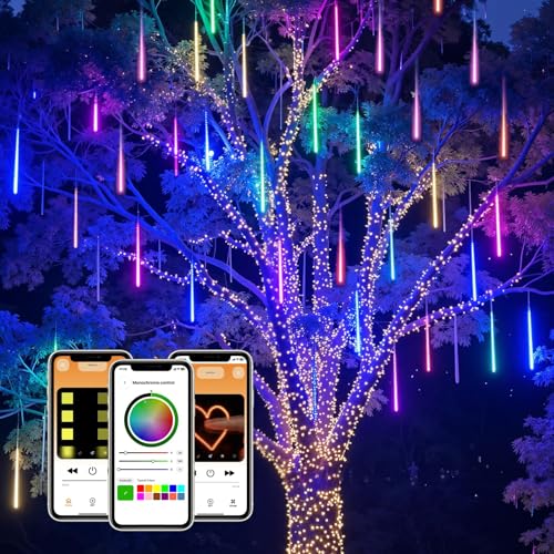SmartDawn Smart Meteor Shower Lights Outdoor, 16Tube 256LED 24.6ft Color