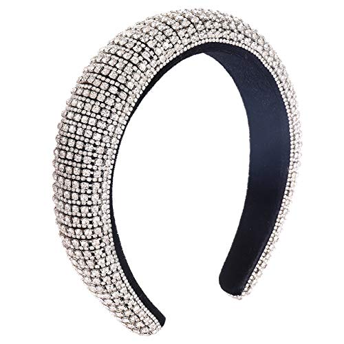 Rhinestone Padded Headband Bejewelled Wide Velvet Headband Hair Hoop Baroque Statement Chunky Wedding Bridal Headpiece Headwear For Woman (silver)