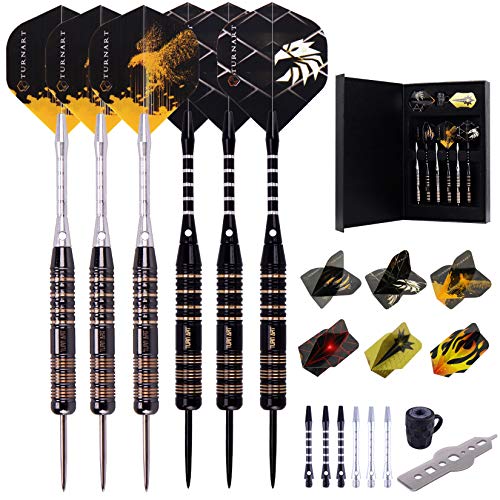 Turnart Dartpfeile Metallspitze, Messing Steel Dart Pfeile Set Für Sisal Dartboard, Steeldarts 3 Stück 22 Gramm und 3 Stück 24 Gramm mit 21 Extra - Flights EIN Dart Werkzeug (1)