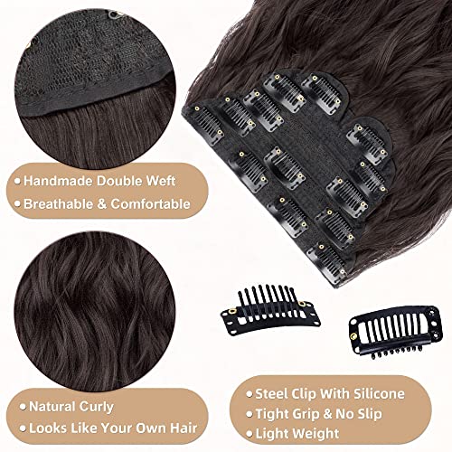 Flvaco Clip In Hair Extensions 20 Inch 6Pcs Long Synthetic Dark Brown Thick Long Wavy Clip Ins Hair Extension Double Weft Hairpieces Extensions Full Head For Women(230G,Dark Brown) #TOP2