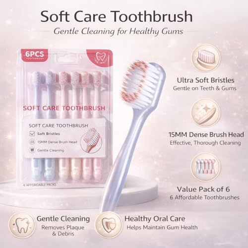 Image of Ultra Soft Bristle Toothbrush Set 6 PCS Manual Toothbrush with 15MM Dense Brush Head Soft Care Toothbrush Pack