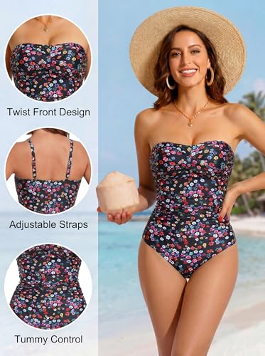 Image of Smismivo Tummy Control Swimwear Strapless One Piece Swimsuit Ruched Bathing Suits for Women Slimming Bandeau Tube Top Bikini