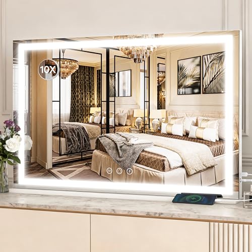 Image of ROLOVE 39 inch x 28 inch Extra Large Vanity Mirror with Lights, Lighted Makeup Mirror with USB Charging Port & 10X Magnifier, 3 Color Dimmable Smart Touch, Wall Mounted or Tabletop Desk Mirror, White