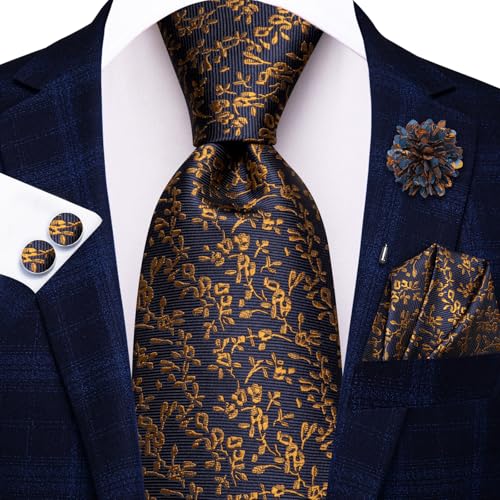 Image of Hi-Tie Men Silk Ties Set with Flower Lapel Pin Necktie Pocket Square Cufflinks for Tuxedo Wedding Business