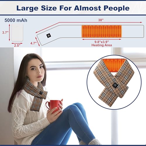 Cordless Heated Plaid Scarf for Neck Pain Relief - Rechargeable with 3 Heat Settings and 5000mAh Power Bank