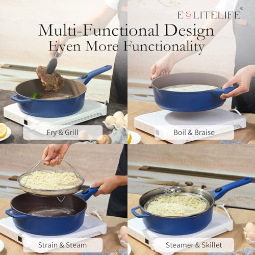ESLITE LIFE Antihaft-Pfanne mit Deckel, 27,9 cm, tiefe Bratpfanne, Schmorpfanne, sicher für Ofen, Induktion und alle Herde, PTFE- und PFOA-frei, Blau