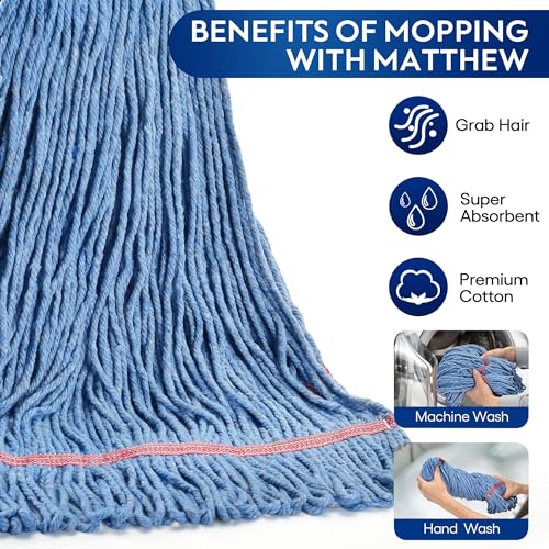 Image of Matthew Cleaning 20oz Heavy Duty Mop Head Commercial Replacement for General and Floor Cleaning , Wet Industrial Blue Cotton Looped End String Head Refill (Case of 12) Blue