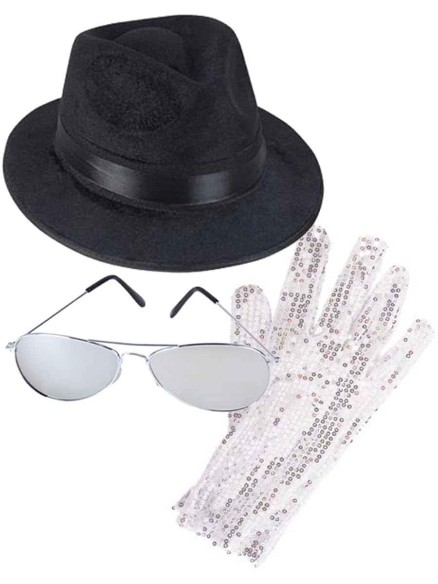 MJ King of Pop Costume Bundle with Fedora Hat Glove and Sunglasses Black/Silver