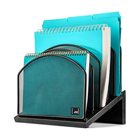 Mindspace Inclined File Rack Office Desk Organizer, 5 Section Office Desktop Document Sorter | Desk File Holder | The Mesh Collection, Black Cover
