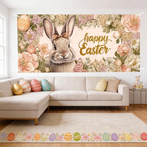Image of Easter Garage Door Cover 157.48 x 70.87 Inch Floral Frame Cute Bunny Happy Easter Text Elegant Spring Illustration Outdoor Garage Decor Seasonal Family Celebration Spring Yard Display