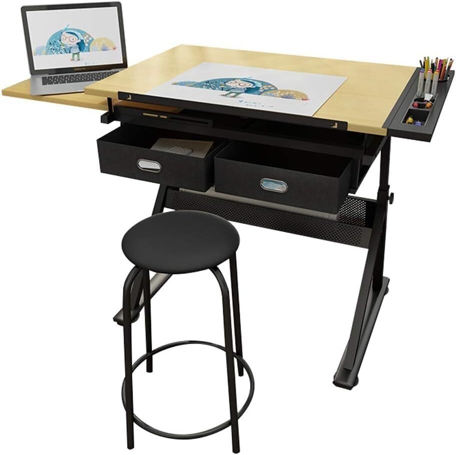 Tiltable Drawing Table, Adjustable Art Desk, with Storage Craft Table, Drafting Table Maple Panel, Adult Drawing Desk